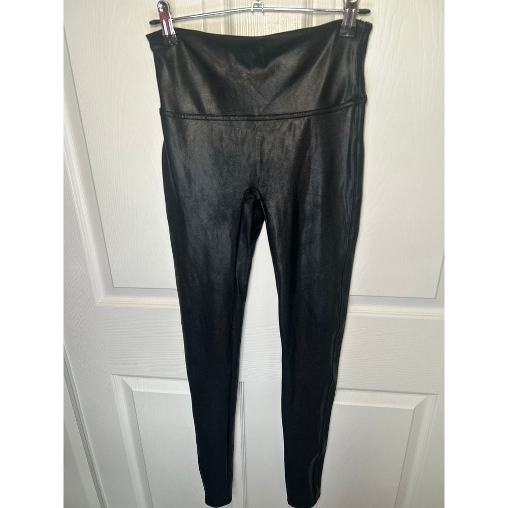 SPANX Faux Leather Leggings Medium Tall MT Black High Waist Shaping Compression